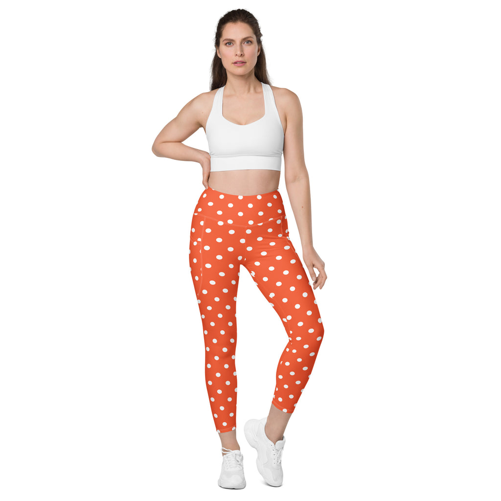 Women’s Bright Orange Polka Dot Yoga Leggings With Pockets – High-Waisted, Soft Compression Active Pants