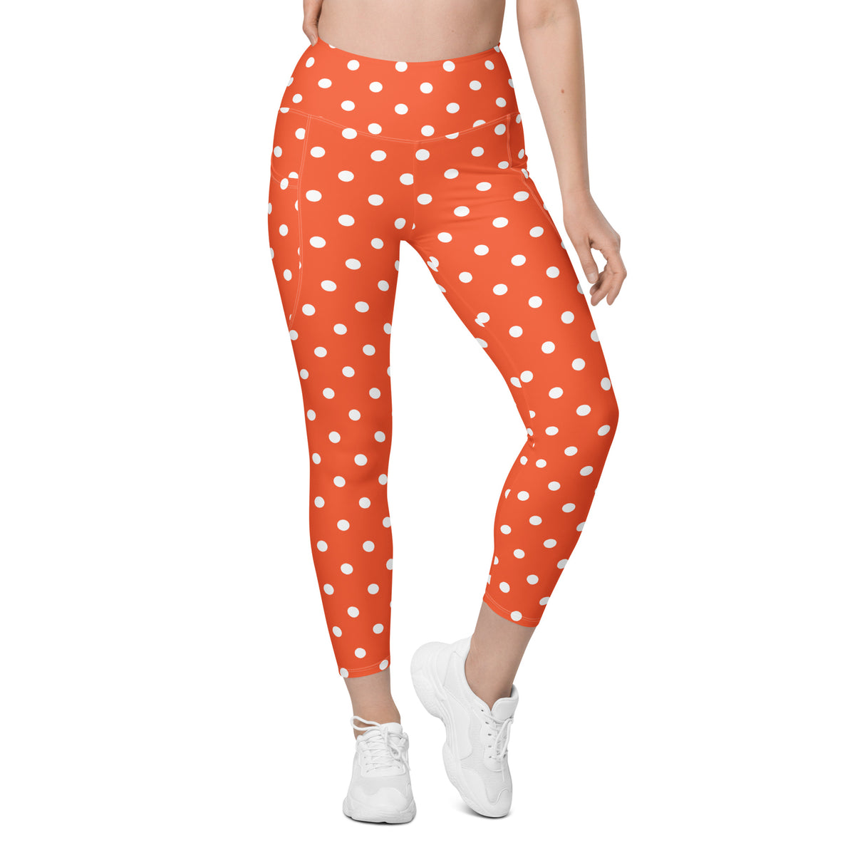 Women’s Bright Orange Polka Dot Yoga Leggings With Pockets – High-Waisted, Soft Compression Active Pants