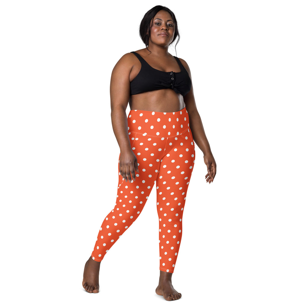Women’s Bright Orange Polka Dot Yoga Leggings With Pockets – High-Waisted, Soft Compression Active Pants