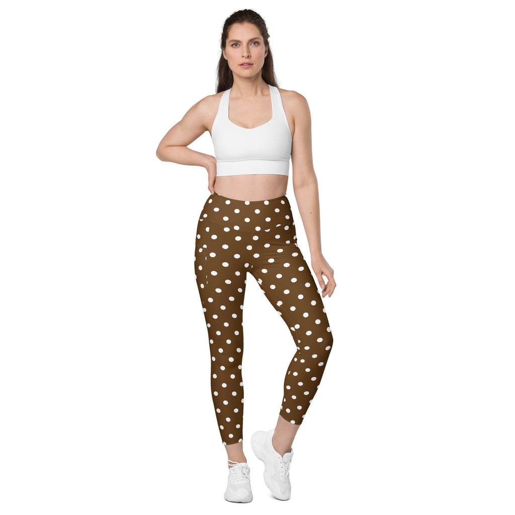 Women’s Brown Polka Dot Yoga Leggings With Pockets – High-Waisted, Soft Compression Active Pants