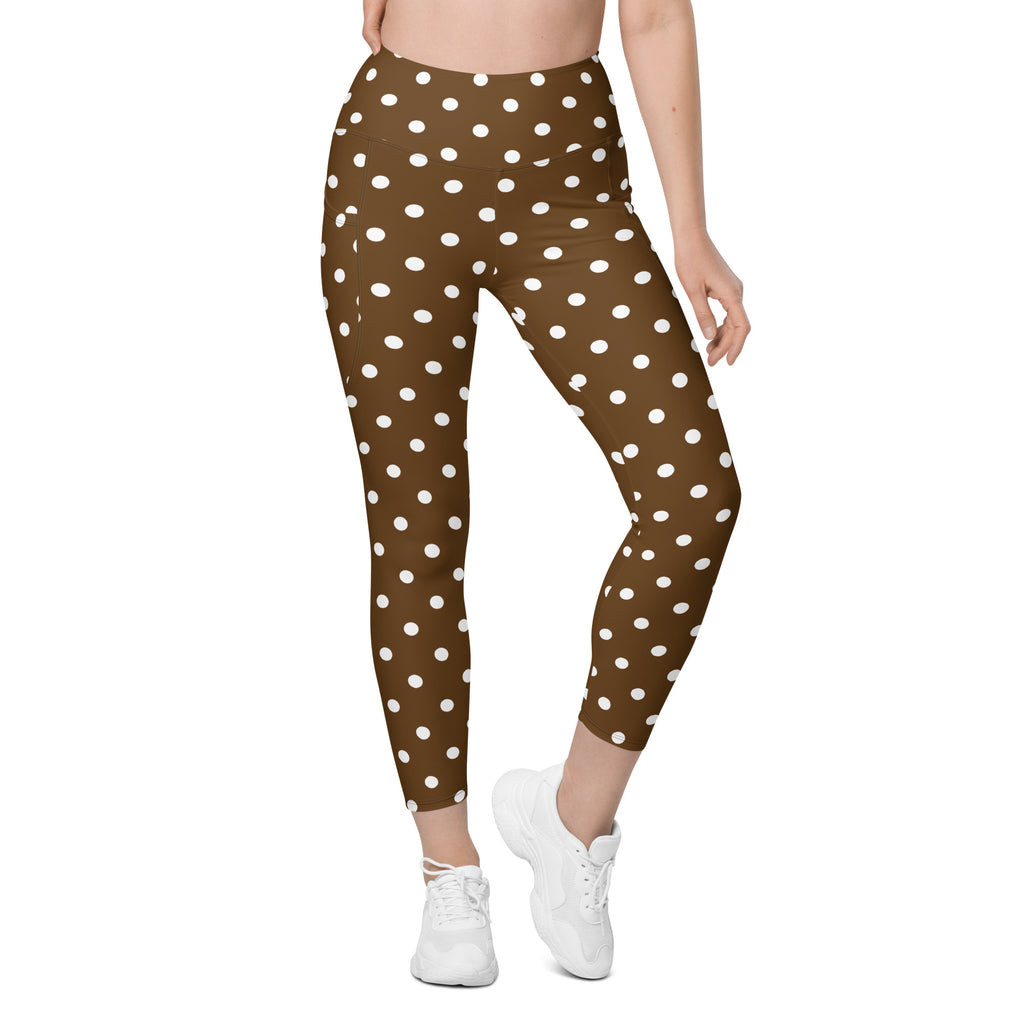 Women’s Brown Polka Dot Yoga Leggings With Pockets – High-Waisted, Soft Compression Active Pants