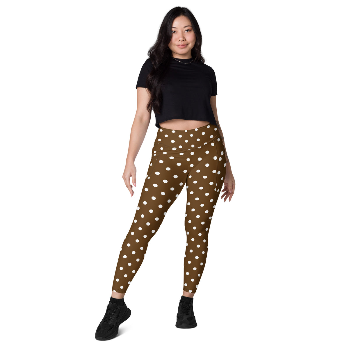 Women’s Brown Polka Dot Yoga Leggings With Pockets – High-Waisted, Soft Compression Active Pants