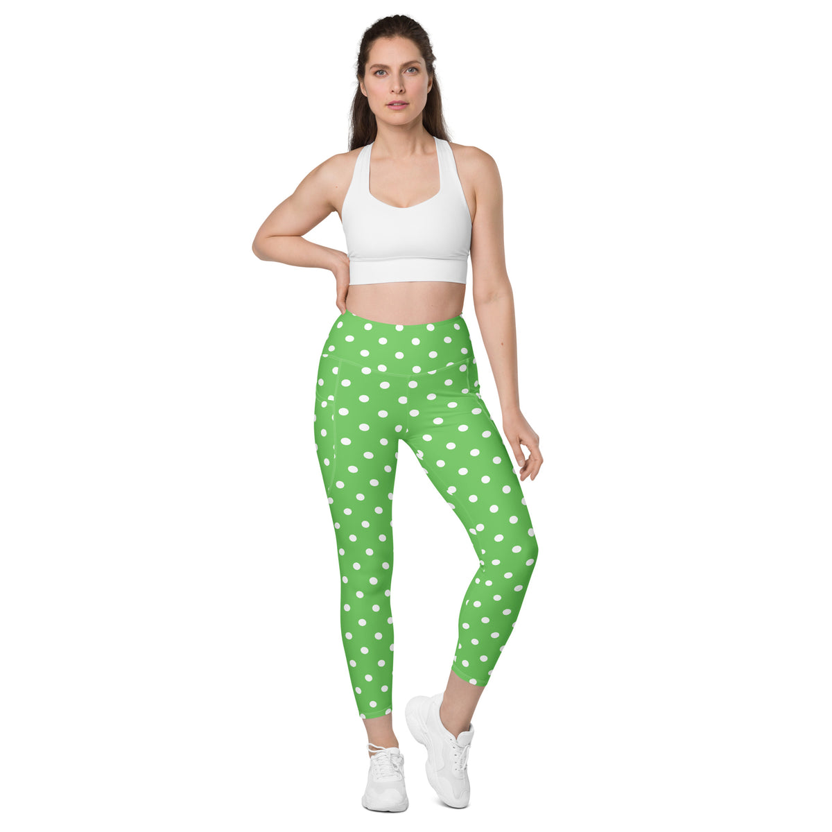Women’s Green Polka Dot Yoga Leggings With Pockets – High-Waisted, Soft Compression Active Pants
