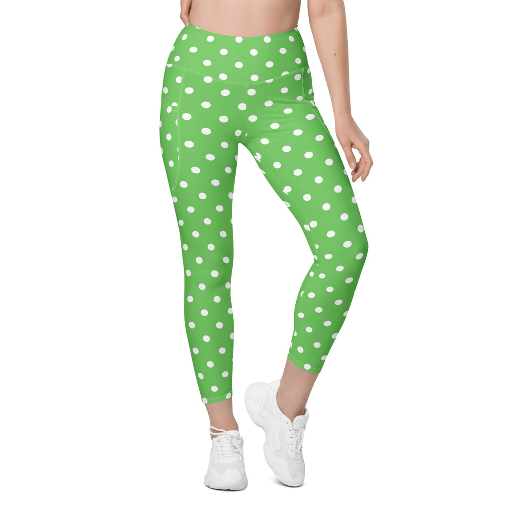 Women’s Green Polka Dot Yoga Leggings With Pockets – High-Waisted, Soft Compression Active Pants