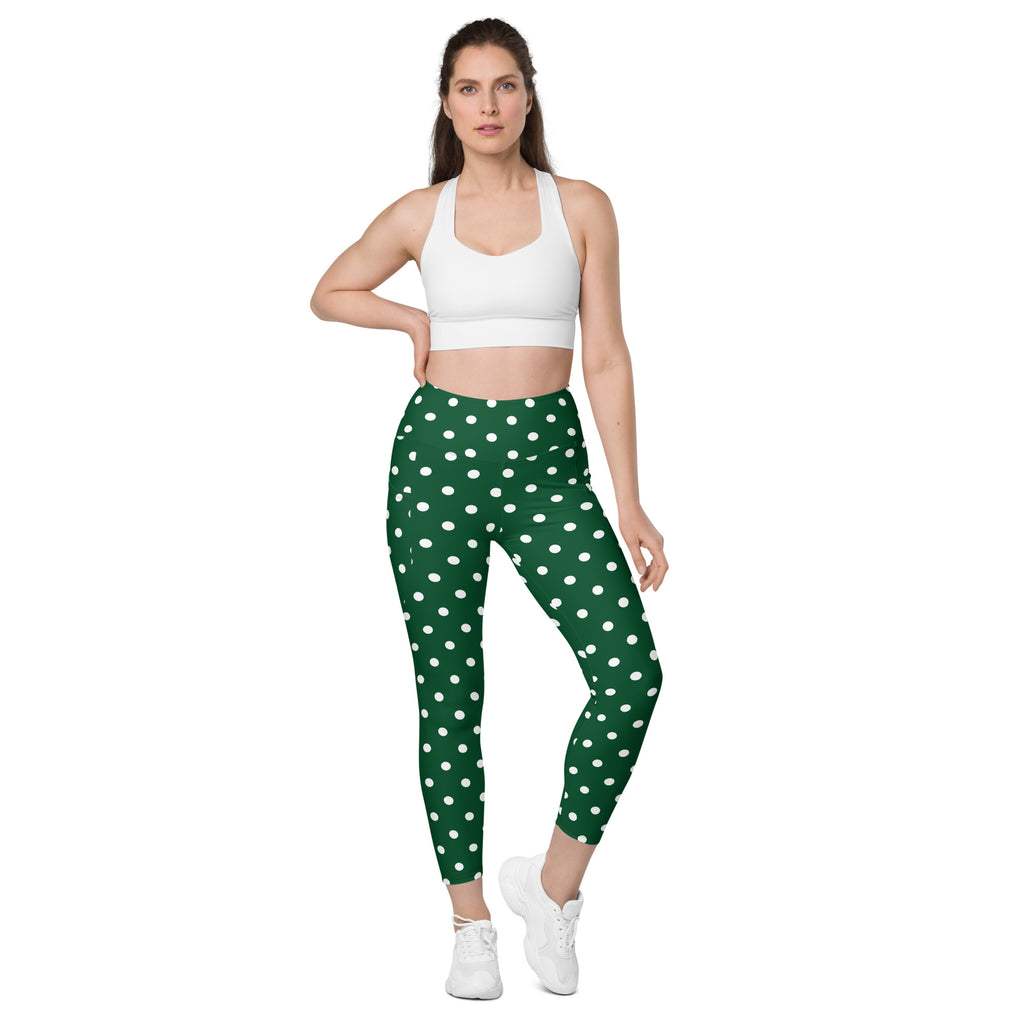 Women’s Forest Green Polka Dot Yoga Leggings With Pockets – High-Waisted, Soft Compression Active Pants