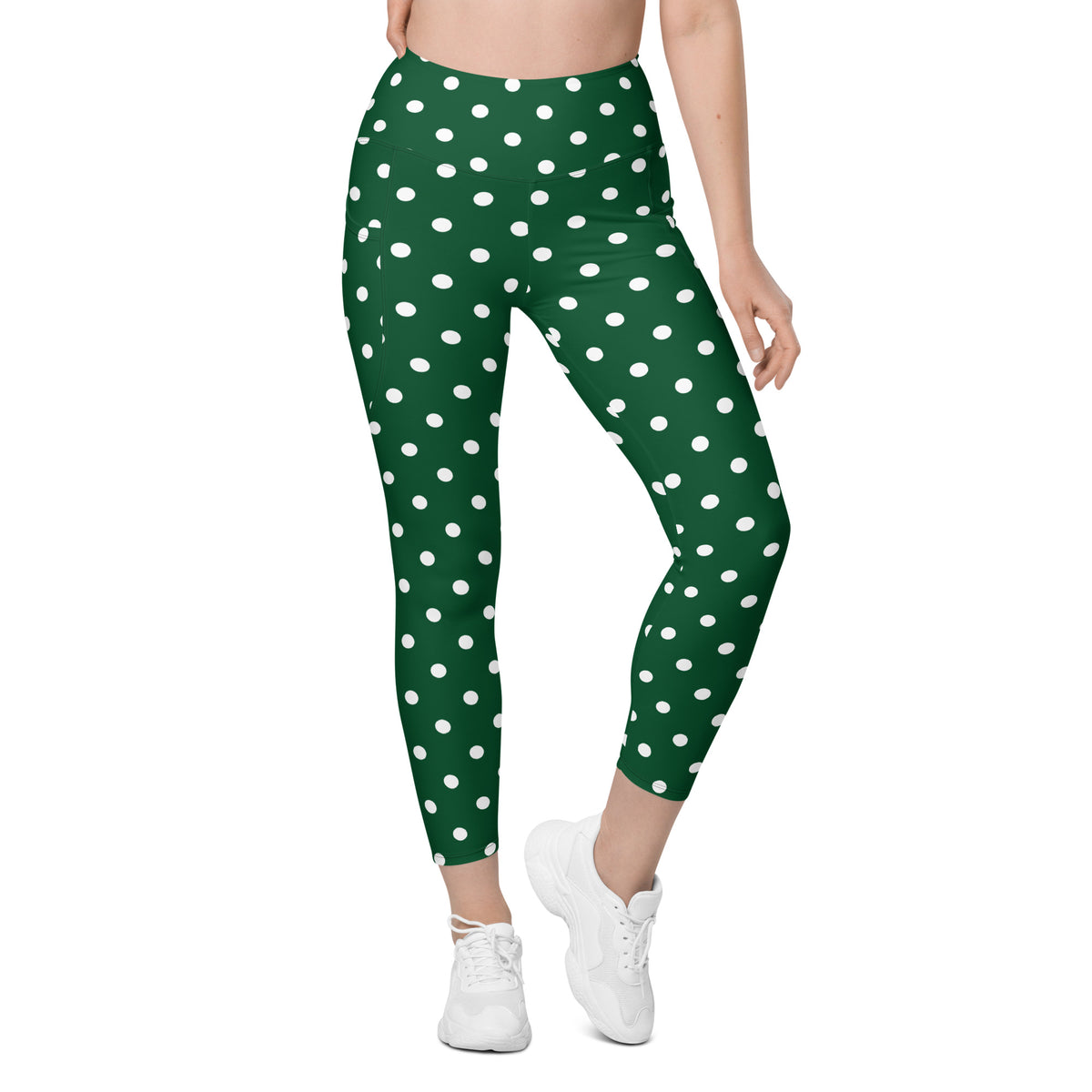 Women’s Forest Green Polka Dot Yoga Leggings With Pockets – High-Waisted, Soft Compression Active Pants