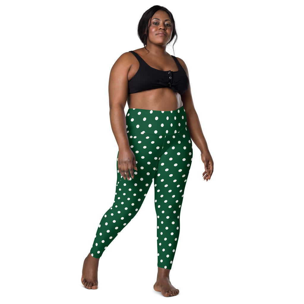 Women’s Forest Green Polka Dot Yoga Leggings With Pockets – High-Waisted, Soft Compression Active Pants