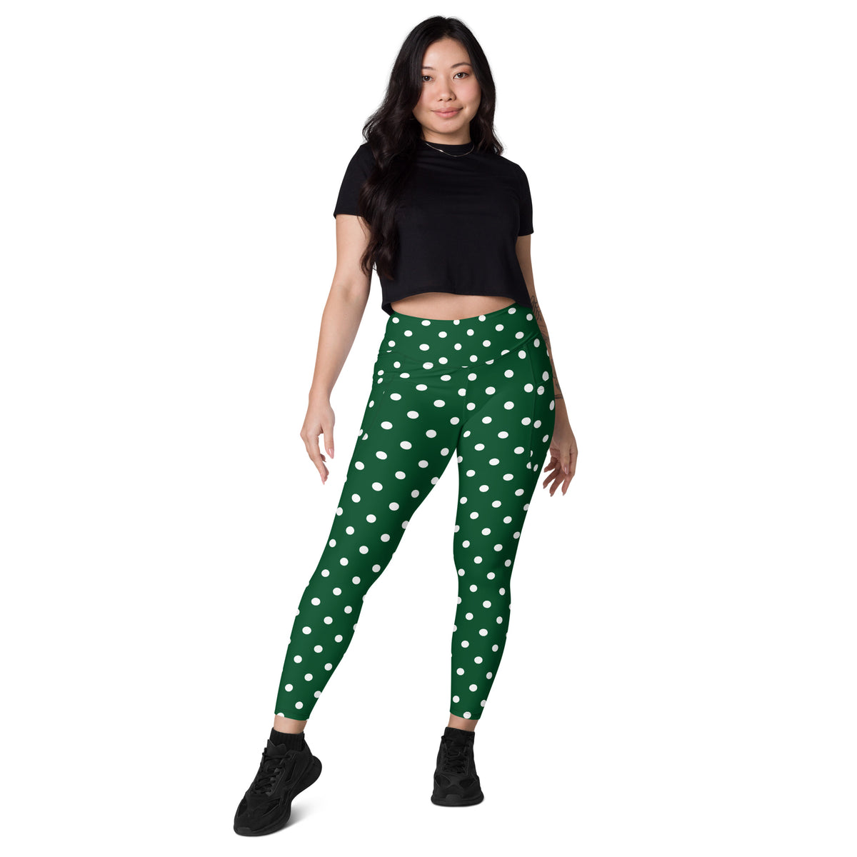 Women’s Forest Green Polka Dot Yoga Leggings With Pockets – High-Waisted, Soft Compression Active Pants