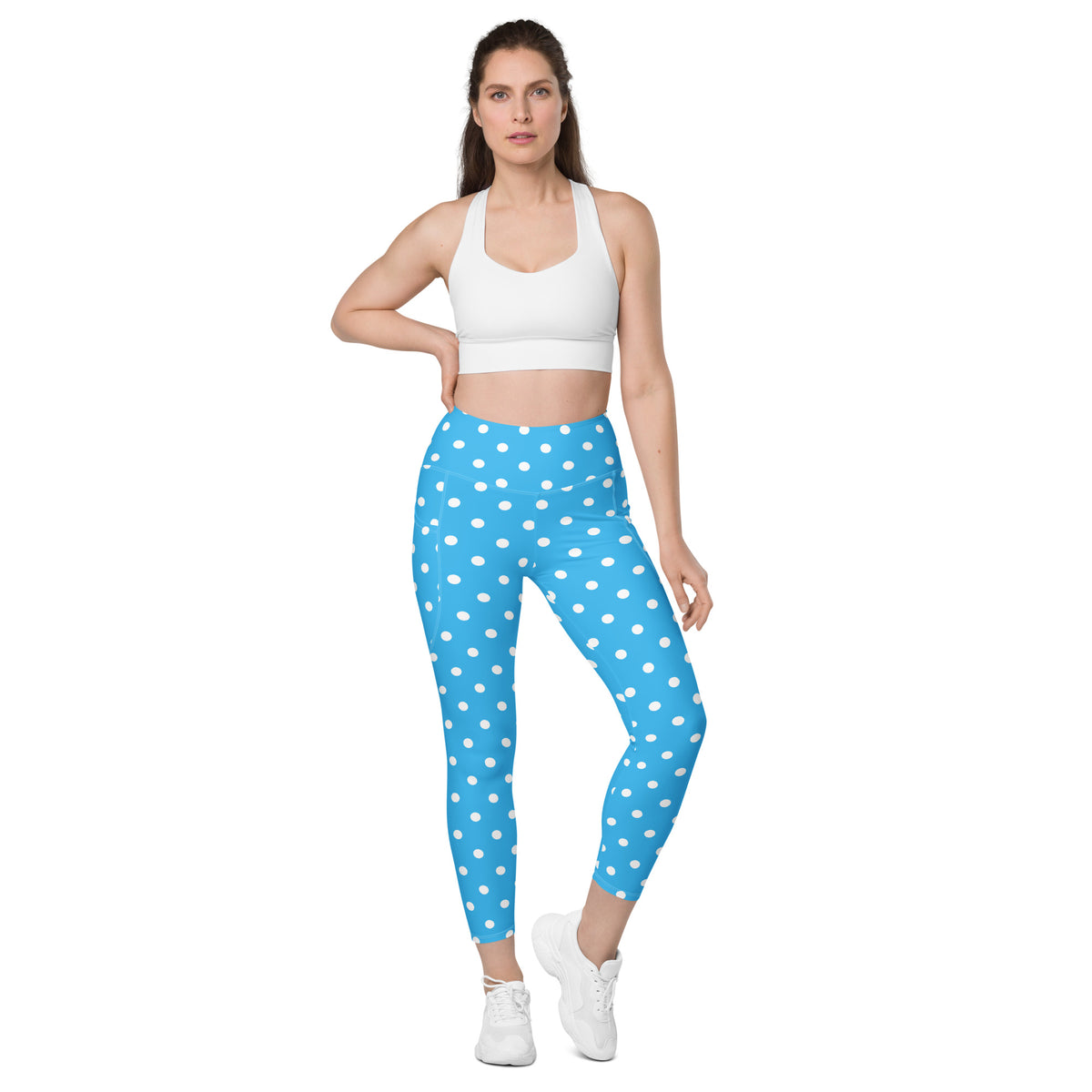 Women’s Sky Blue Polka Dot Yoga Leggings With Pockets – High-Waisted, Soft Compression Active Pants