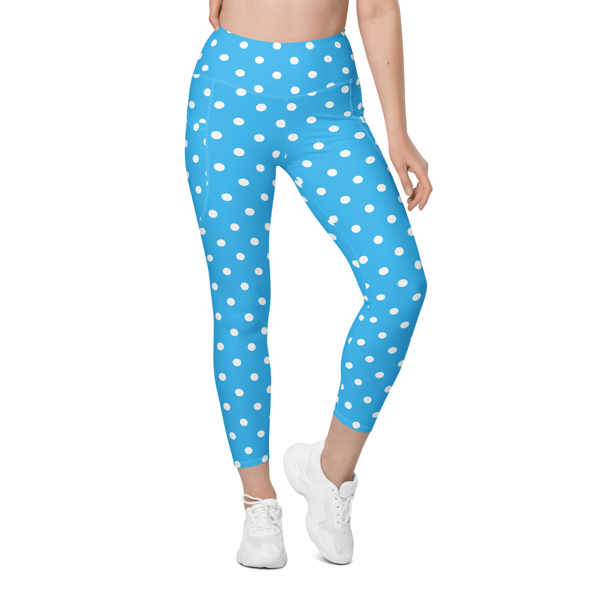 Women’s Sky Blue Polka Dot Yoga Leggings With Pockets – High-Waisted, Soft Compression Active Pants