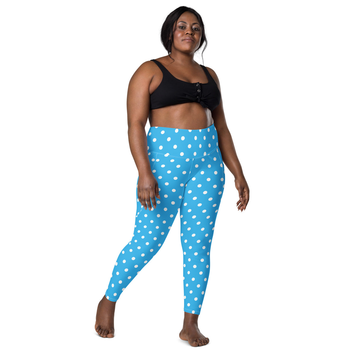 Women’s Sky Blue Polka Dot Yoga Leggings With Pockets – High-Waisted, Soft Compression Active Pants