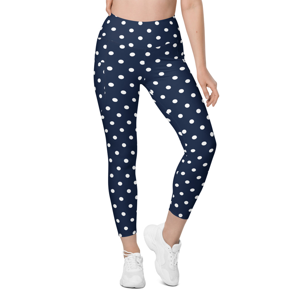 Women’s Navy Blue Polka Dot Yoga Leggings With Pockets – High-Waisted, Soft Compression Active Pants