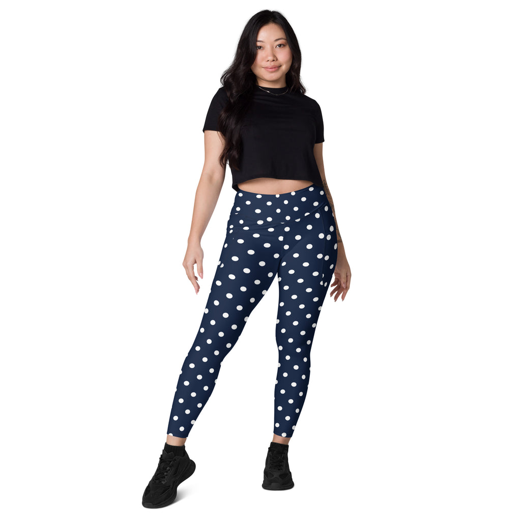 Women’s Navy Blue Polka Dot Yoga Leggings With Pockets – High-Waisted, Soft Compression Active Pants