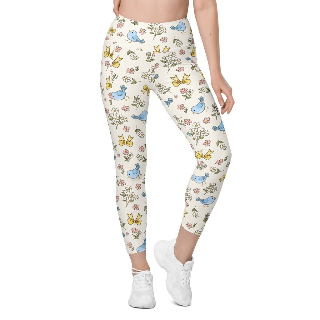Women’s Floral Blue Bird Yoga Leggings With Pockets – High-Waisted, Soft Compression Active Pants