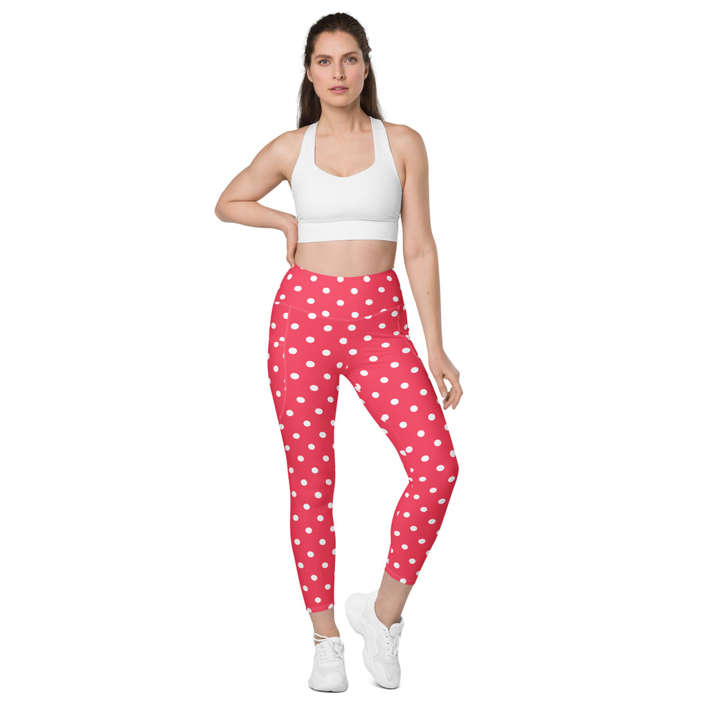 Women’s Bright Pink Polka Dot Yoga Leggings With Pockets – High-Waisted, Soft Compression Active Pants