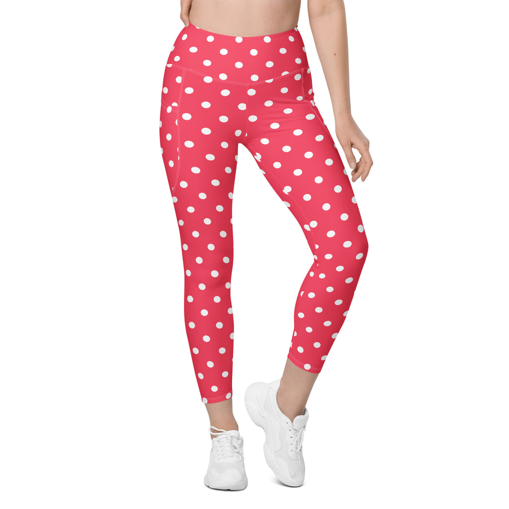 Women’s Bright Pink Polka Dot Yoga Leggings With Pockets – High-Waisted, Soft Compression Active Pants