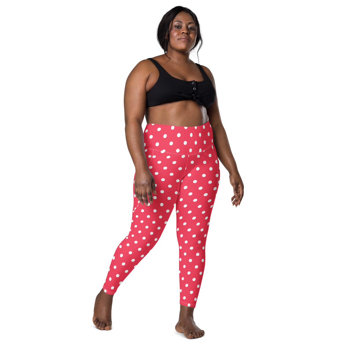 Women’s Bright Pink Polka Dot Yoga Leggings With Pockets – High-Waisted, Soft Compression Active Pants