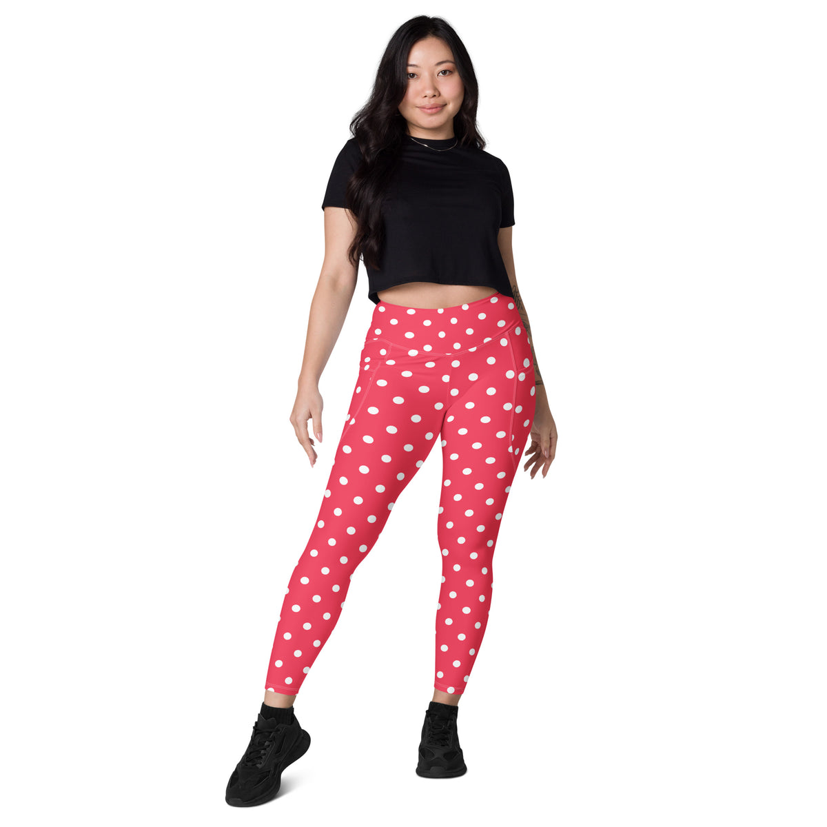Women’s Bright Pink Polka Dot Yoga Leggings With Pockets – High-Waisted, Soft Compression Active Pants