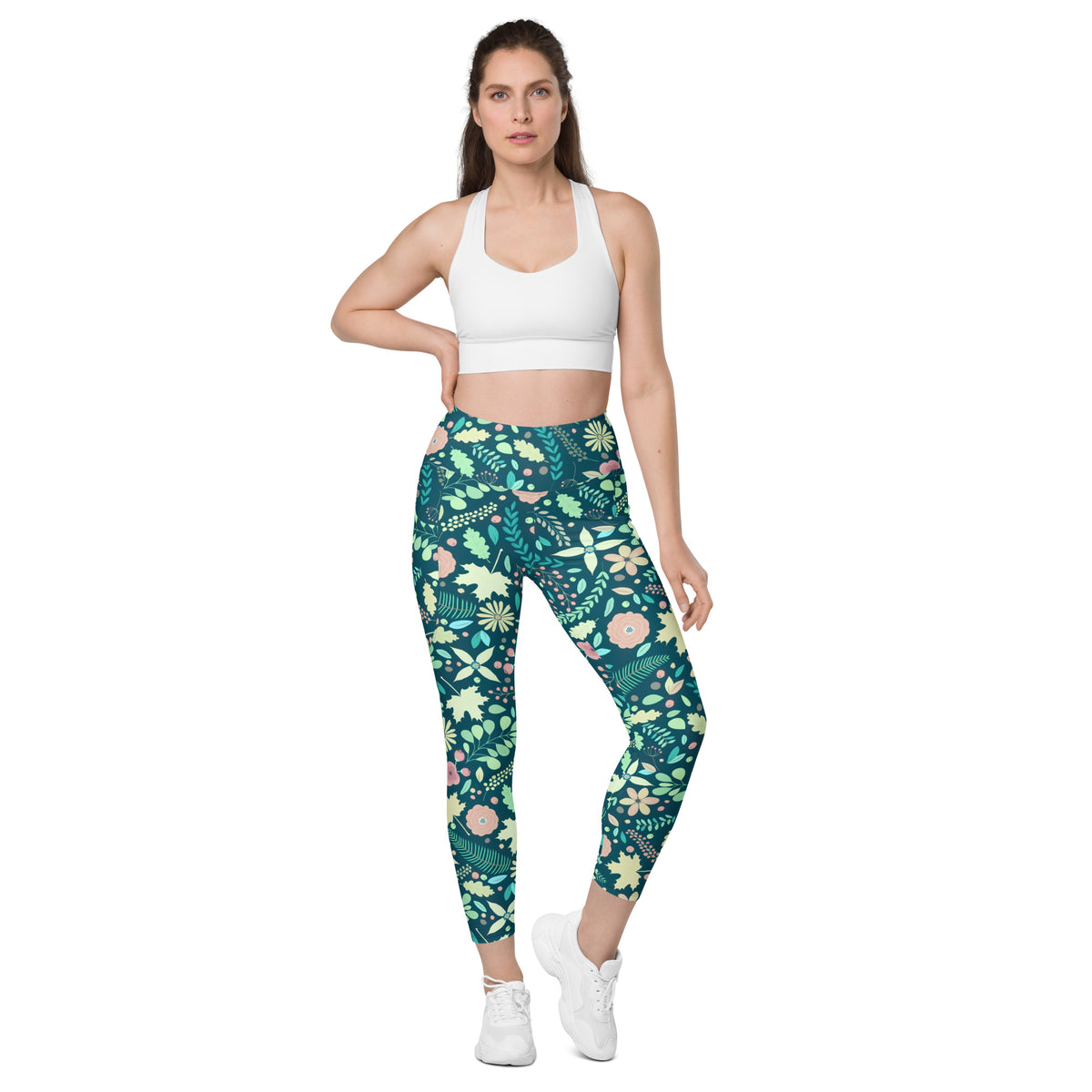 Women’s Green Fall Floral Yoga Leggings With Pockets – High-Waisted, Soft Compression Active Pants