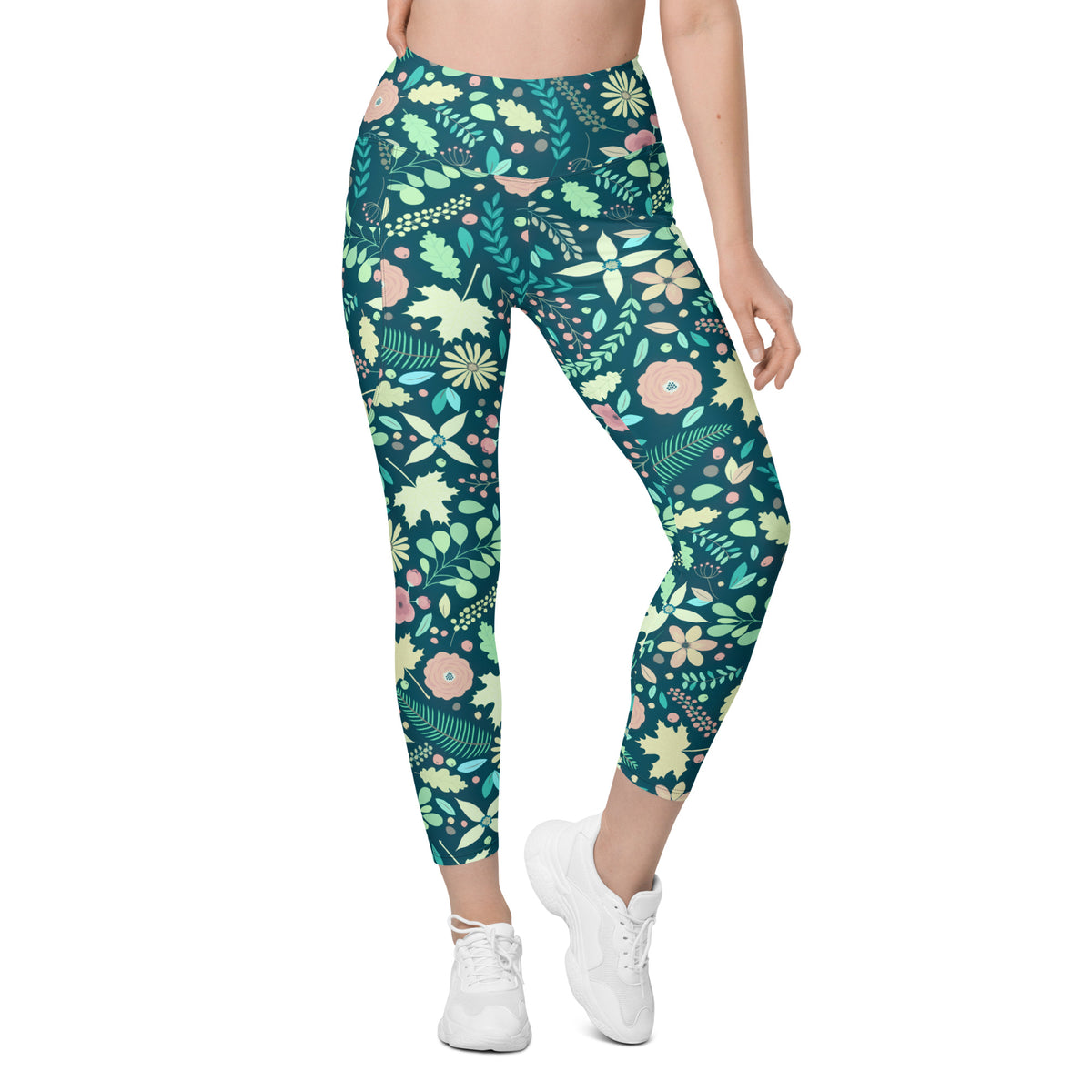 Women’s Green Fall Floral Yoga Leggings With Pockets – High-Waisted, Soft Compression Active Pants