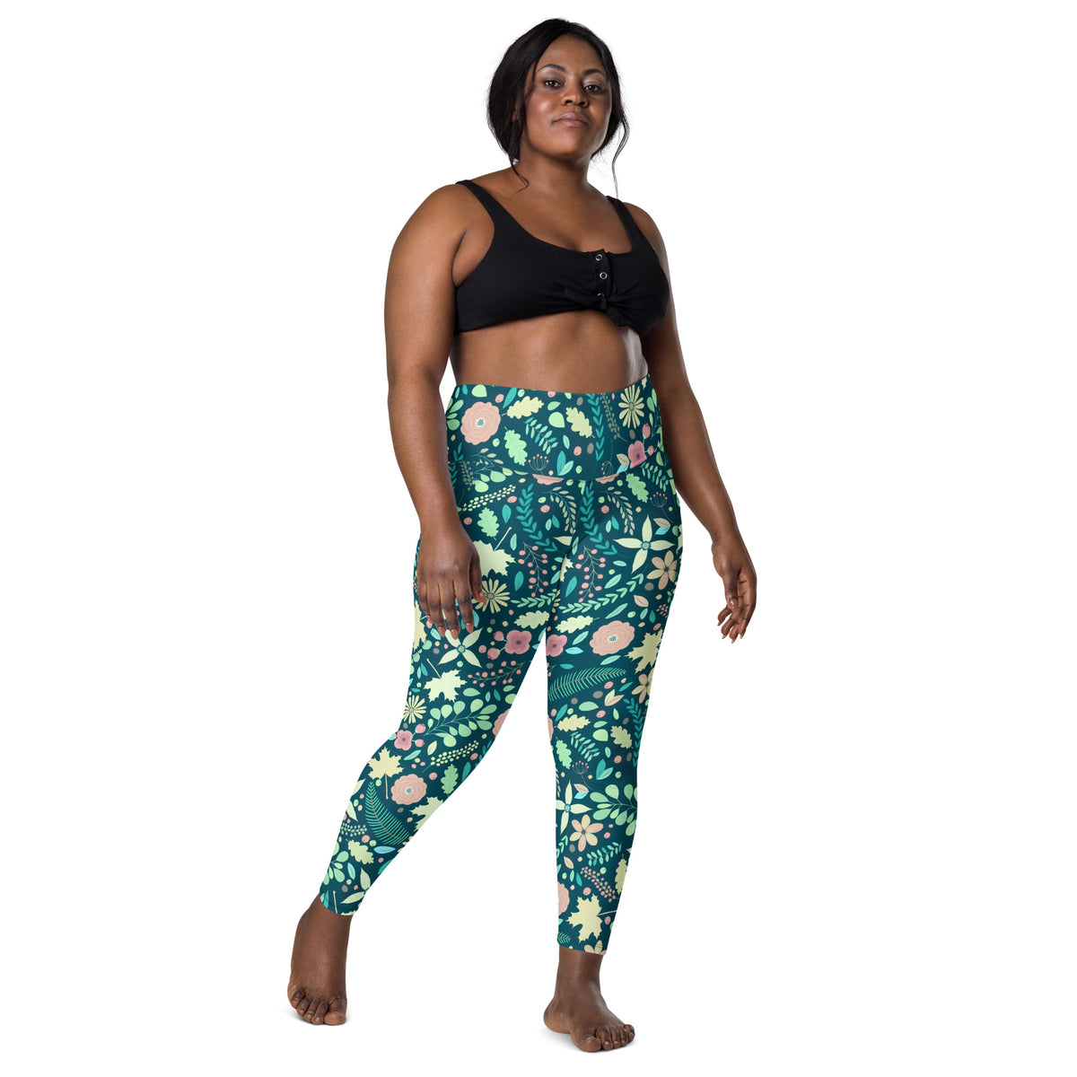 Women’s Green Fall Floral Yoga Leggings With Pockets – High-Waisted, Soft Compression Active Pants
