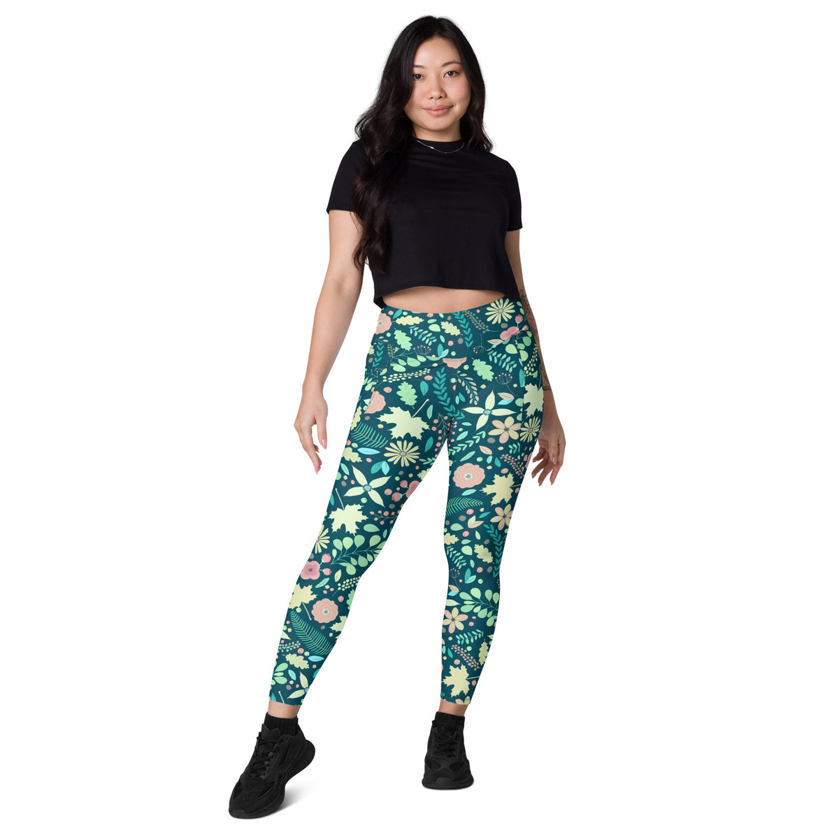 Women’s Green Fall Floral Yoga Leggings With Pockets – High-Waisted, Soft Compression Active Pants