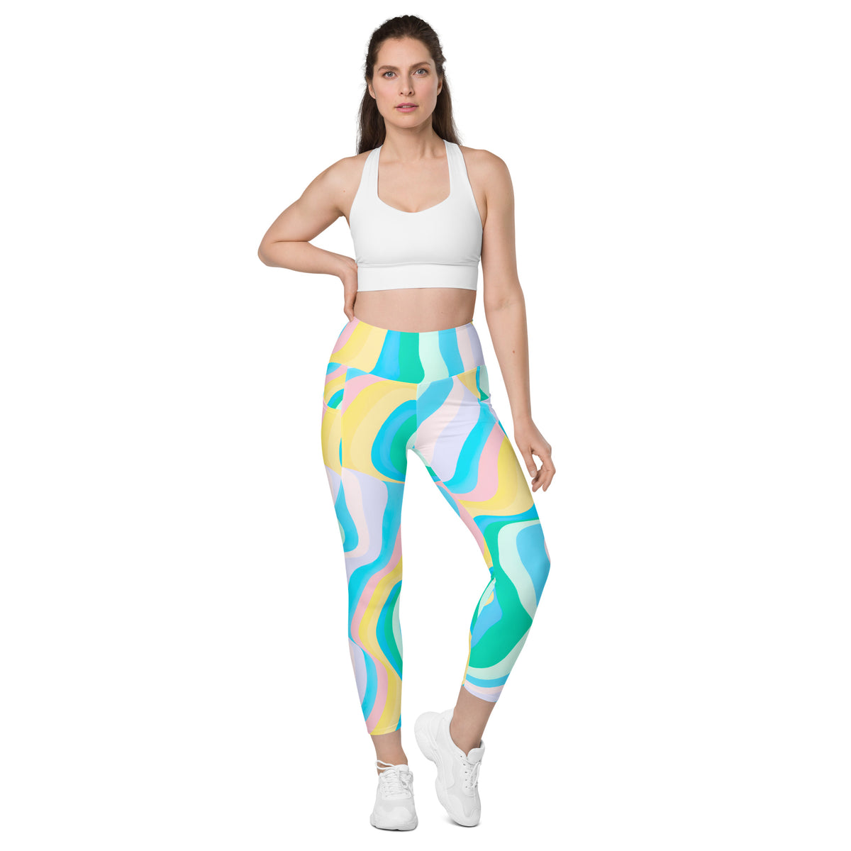Women’s Pastel Rainbow Wave Yoga Leggings With Pockets – High-Waisted, Soft Compression Active Pants