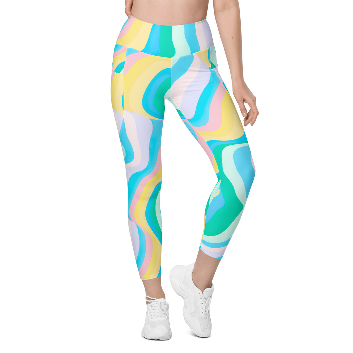 Women’s Pastel Rainbow Wave Yoga Leggings With Pockets – High-Waisted, Soft Compression Active Pants