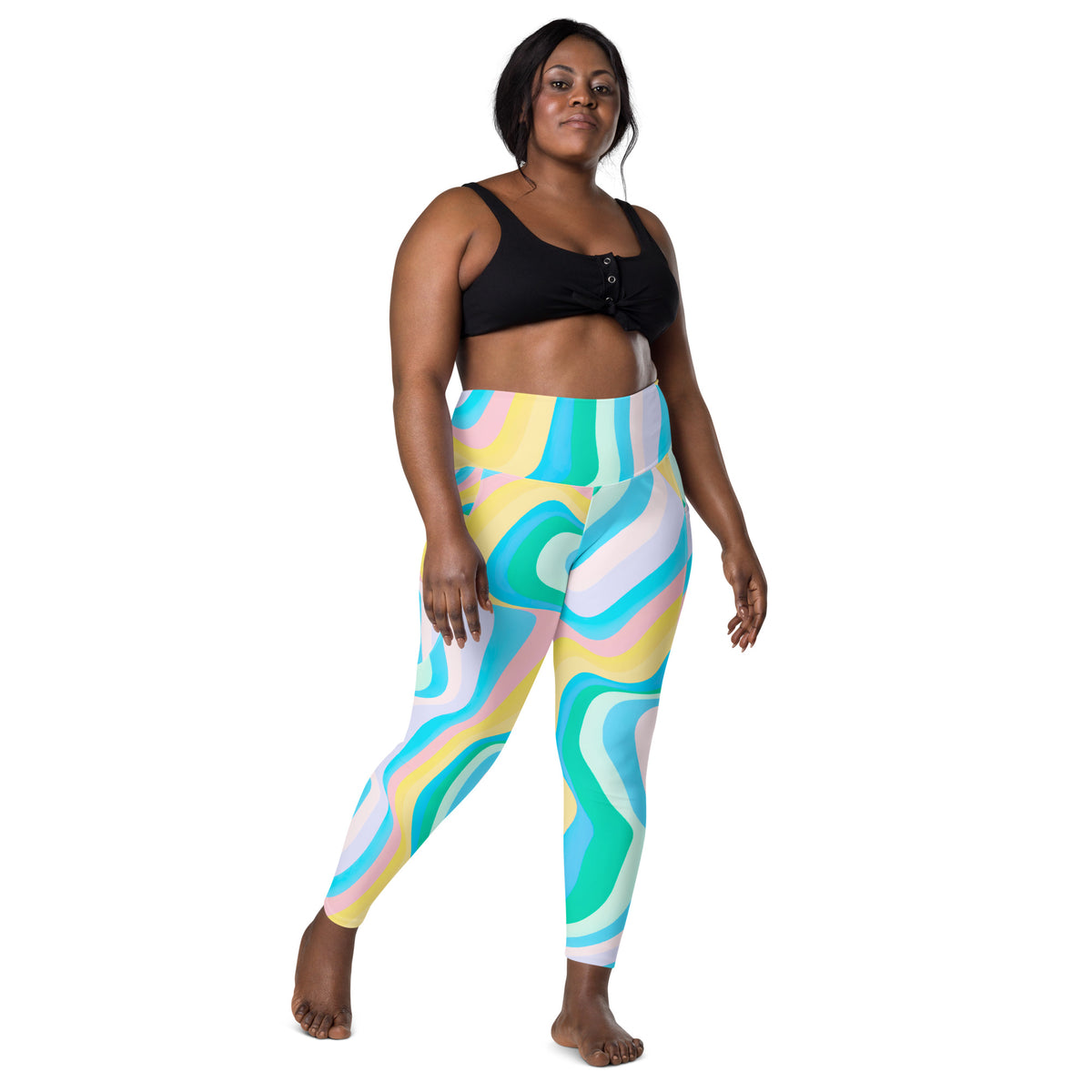 Women’s Pastel Rainbow Wave Yoga Leggings With Pockets – High-Waisted, Soft Compression Active Pants