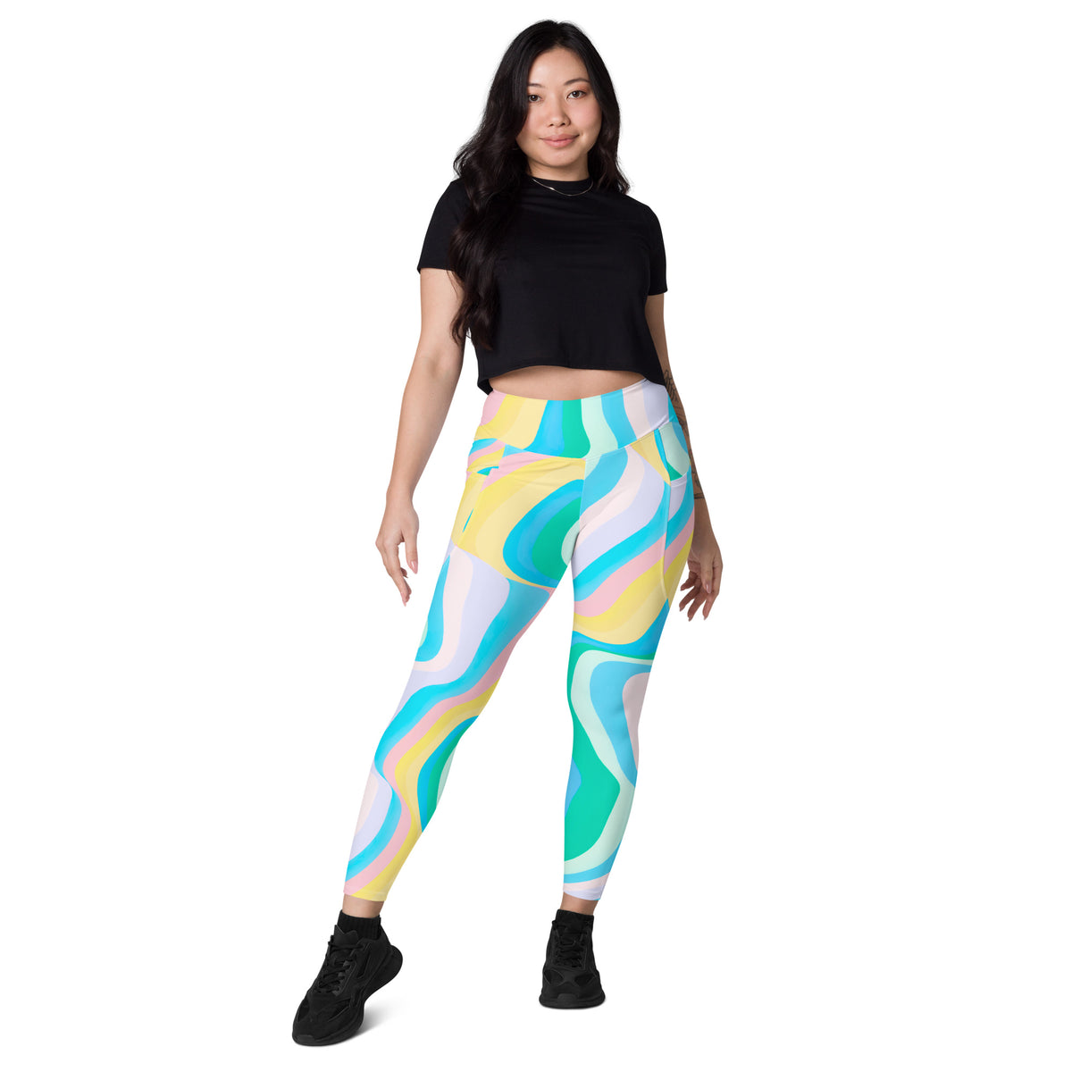 Women’s Pastel Rainbow Wave Yoga Leggings With Pockets – High-Waisted, Soft Compression Active Pants