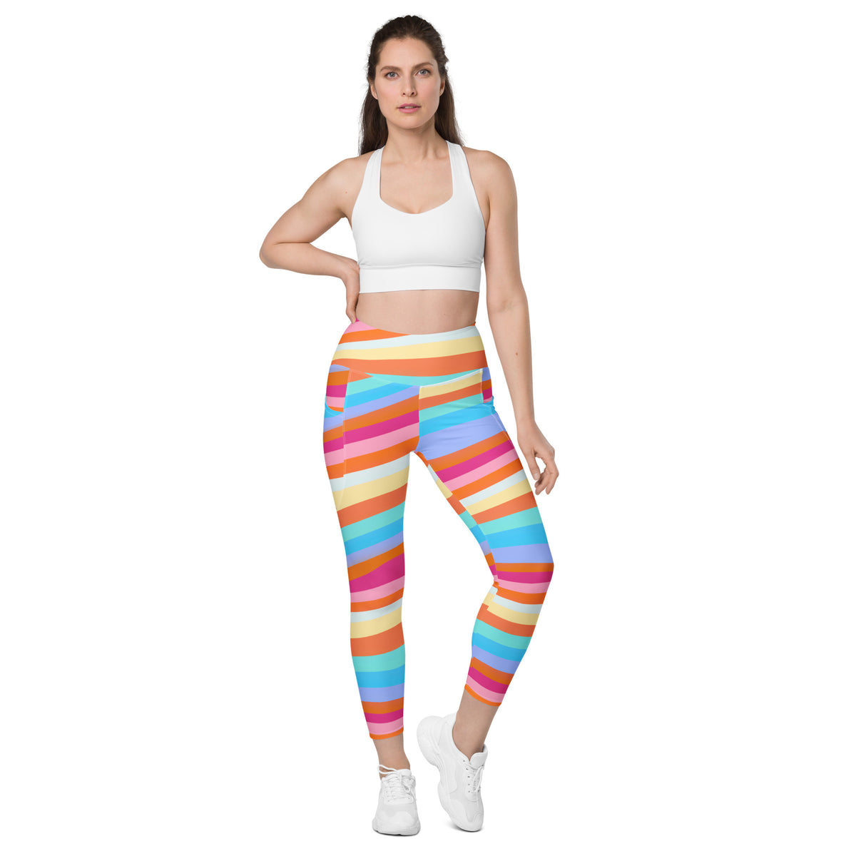 Women’s Colorful Striped Waves Yoga Leggings With Pockets – High-Waisted, Soft Compression Active Pants