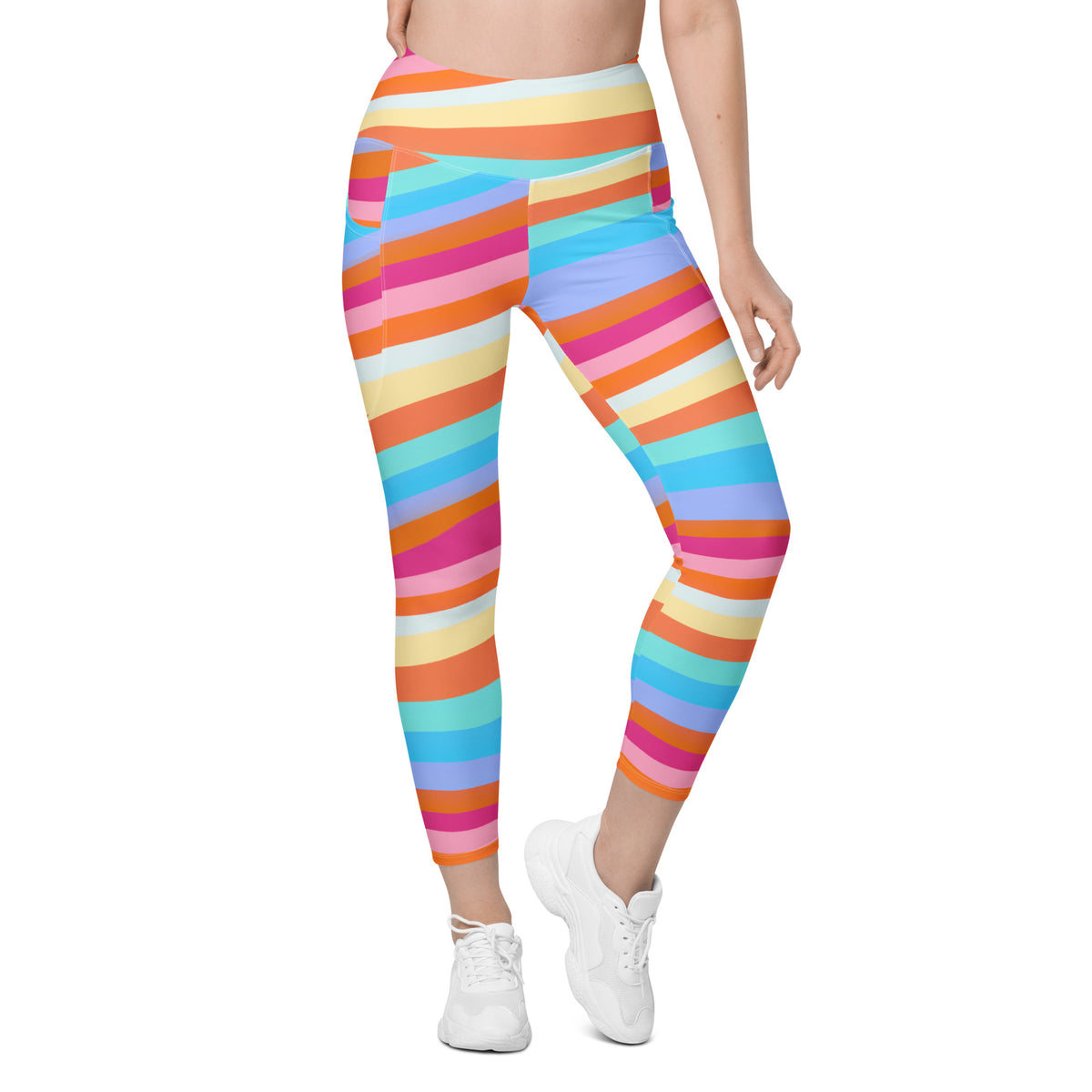 Women’s Colorful Striped Waves Yoga Leggings With Pockets – High-Waisted, Soft Compression Active Pants