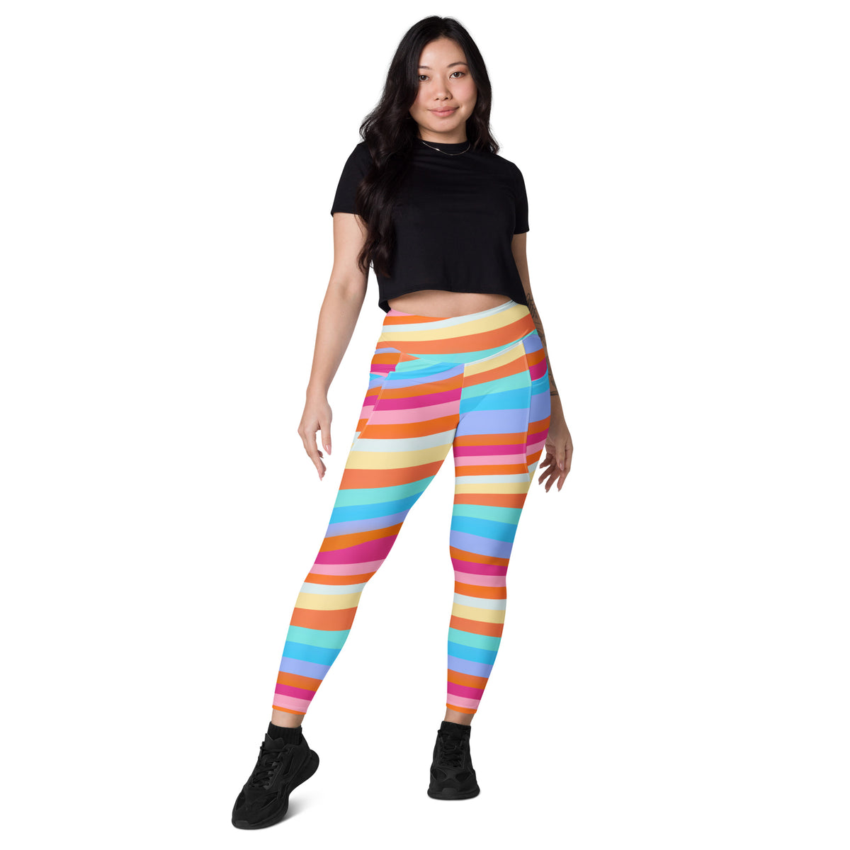 Women’s Colorful Striped Waves Yoga Leggings With Pockets – High-Waisted, Soft Compression Active Pants