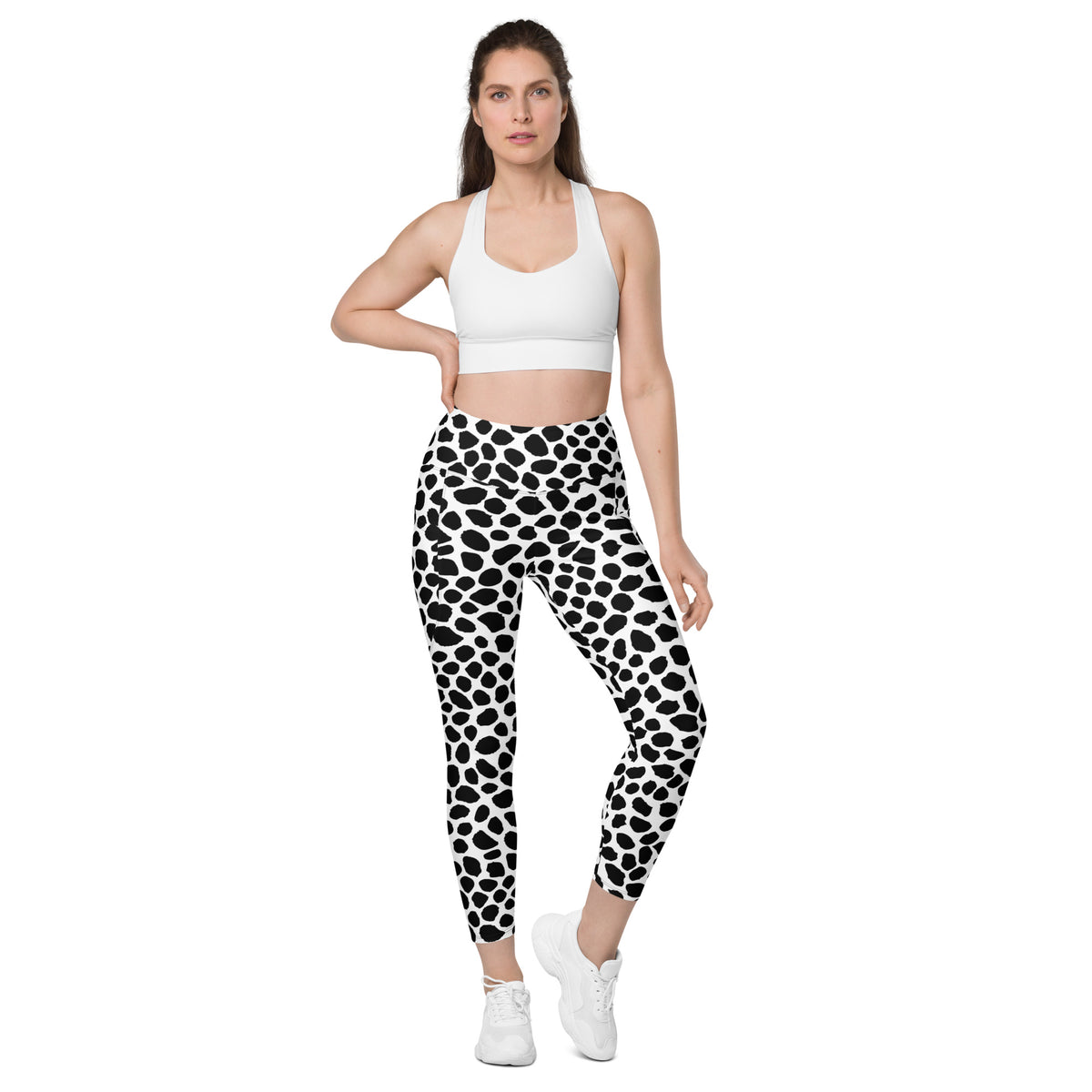 Women’s Black & White Cow Print Yoga Leggings With Pockets – High-Waisted, Soft Compression Active Pants