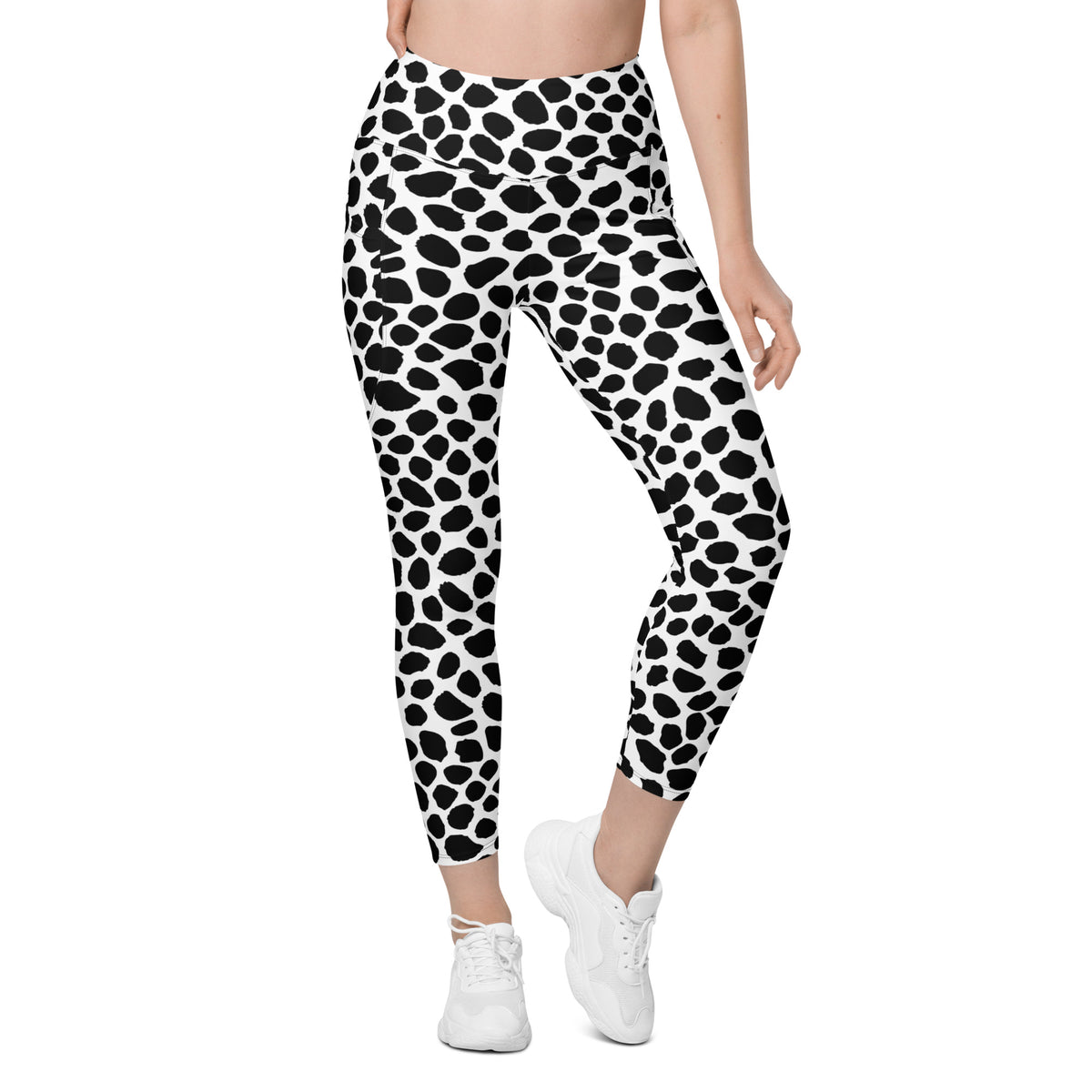 Women’s Black & White Cow Print Yoga Leggings With Pockets – High-Waisted, Soft Compression Active Pants