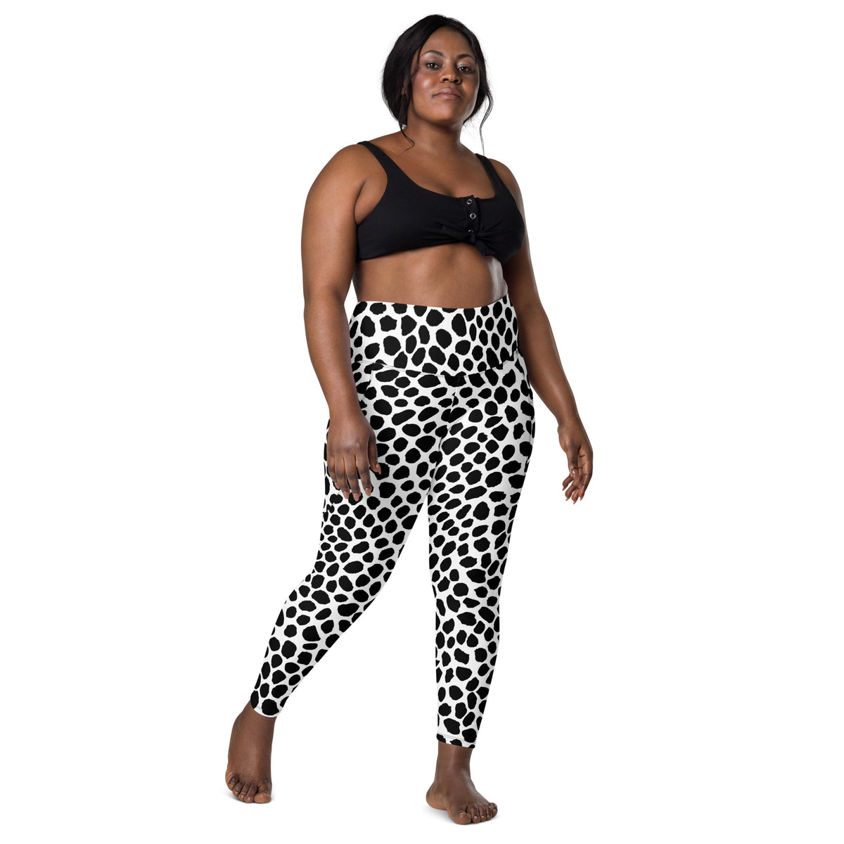 Women’s Black & White Cow Print Yoga Leggings With Pockets – High-Waisted, Soft Compression Active Pants