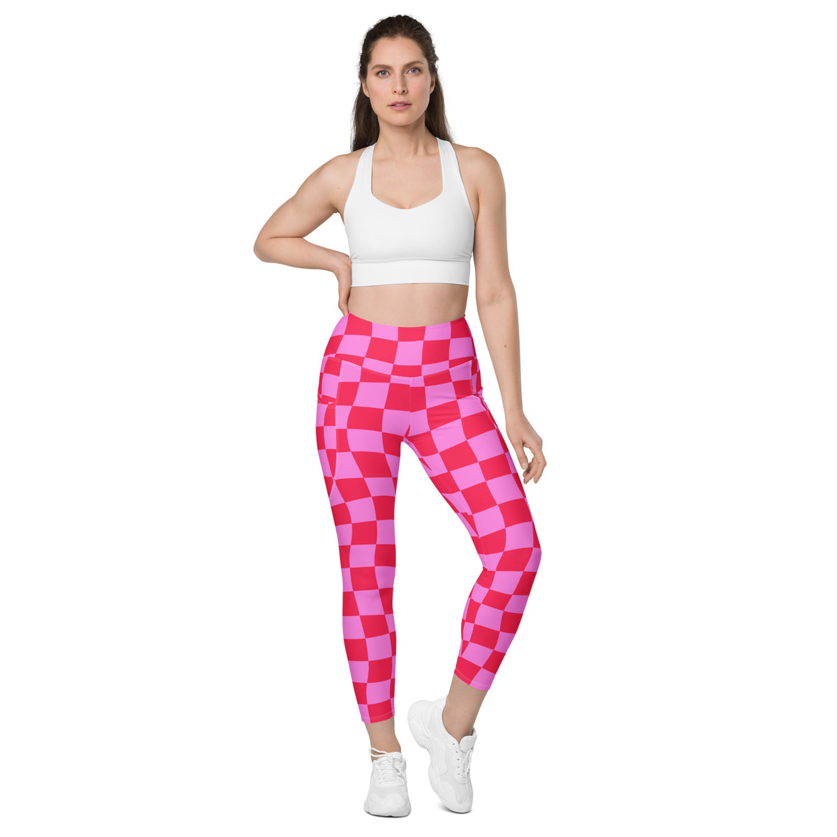 Women’s Pink Checkered Yoga Leggings With Pockets – High-Waisted, Soft Compression Active Pants