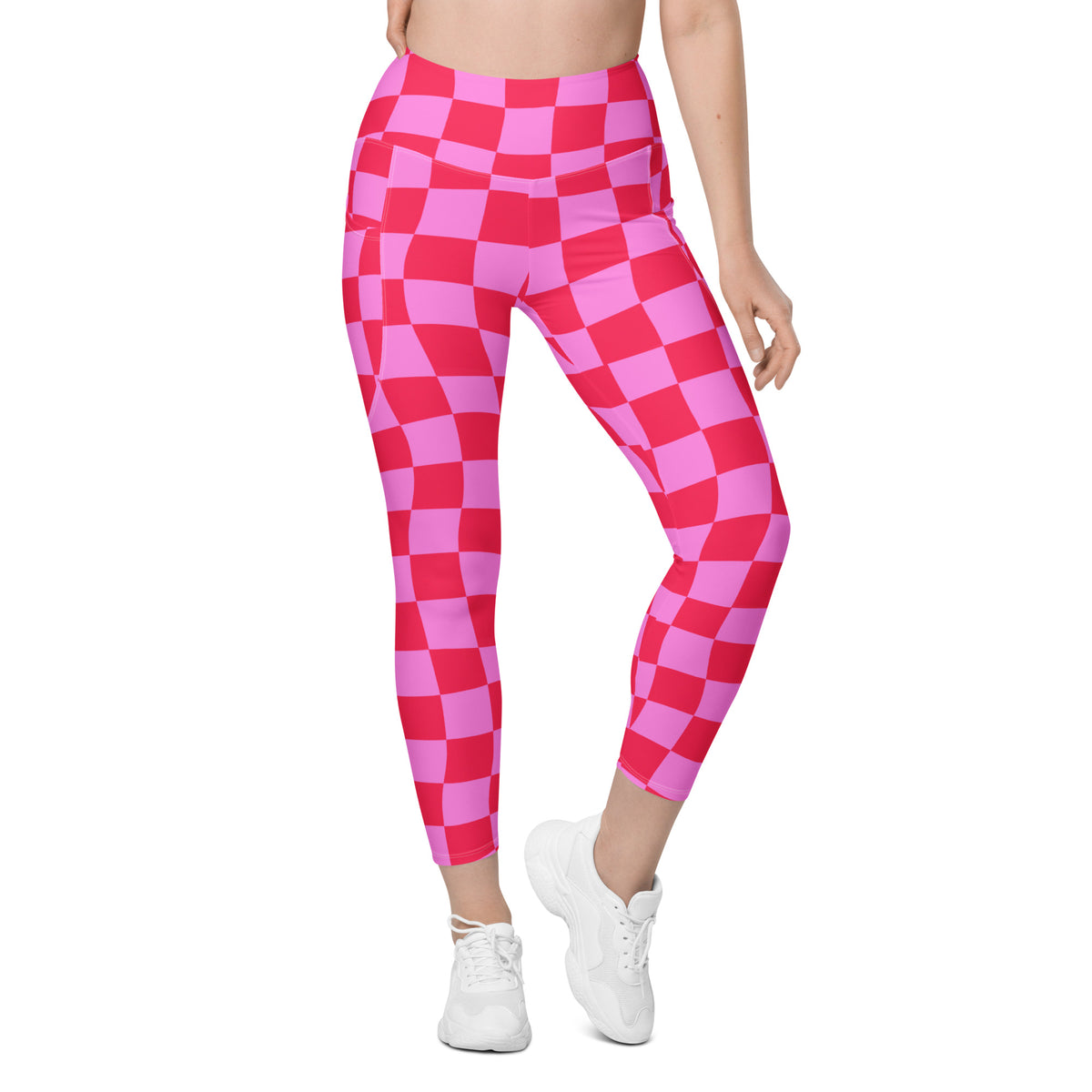 Women’s Pink Checkered Yoga Leggings With Pockets – High-Waisted, Soft Compression Active Pants