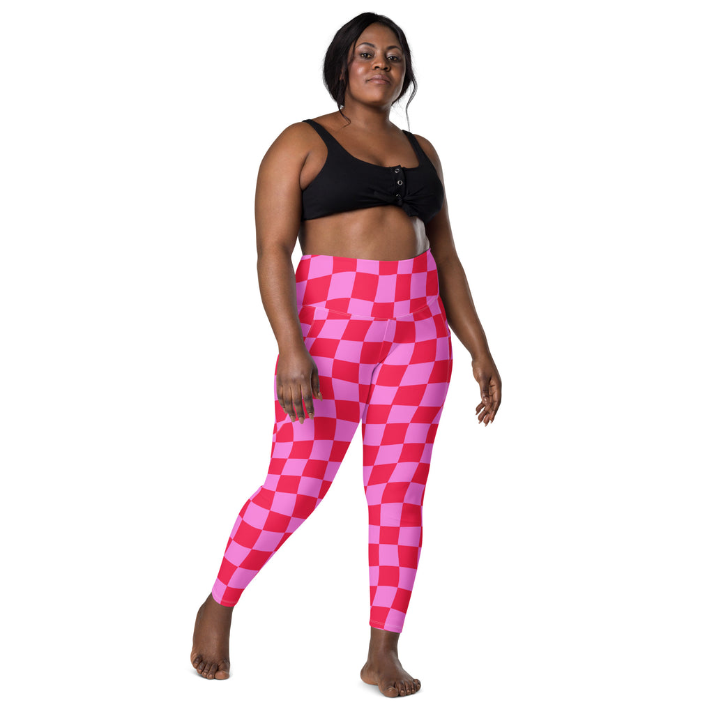 Women’s Pink Checkered Yoga Leggings With Pockets – High-Waisted, Soft Compression Active Pants