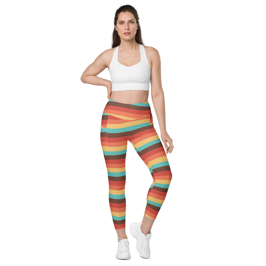 Women’s Retro Rainbow Stripe Yoga Leggings With Pockets – High-Waisted, Soft Compression Active Pants