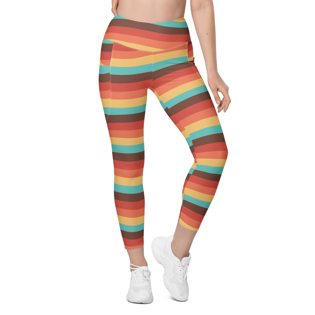 Women’s Retro Rainbow Stripe Yoga Leggings With Pockets – High-Waisted, Soft Compression Active Pants