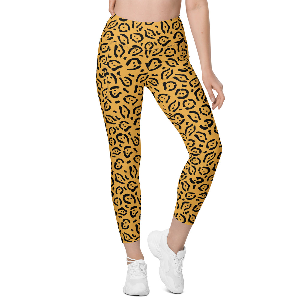 Women’s Mustard Yellow Leopard Print Yoga Leggings With Pockets – High-Waisted, Soft Compression Active Pants