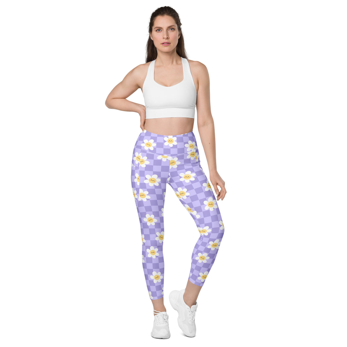 Women’s Purple Daisy Checkered Yoga Leggings With Pockets – High-Waisted, Soft Compression Active Pants