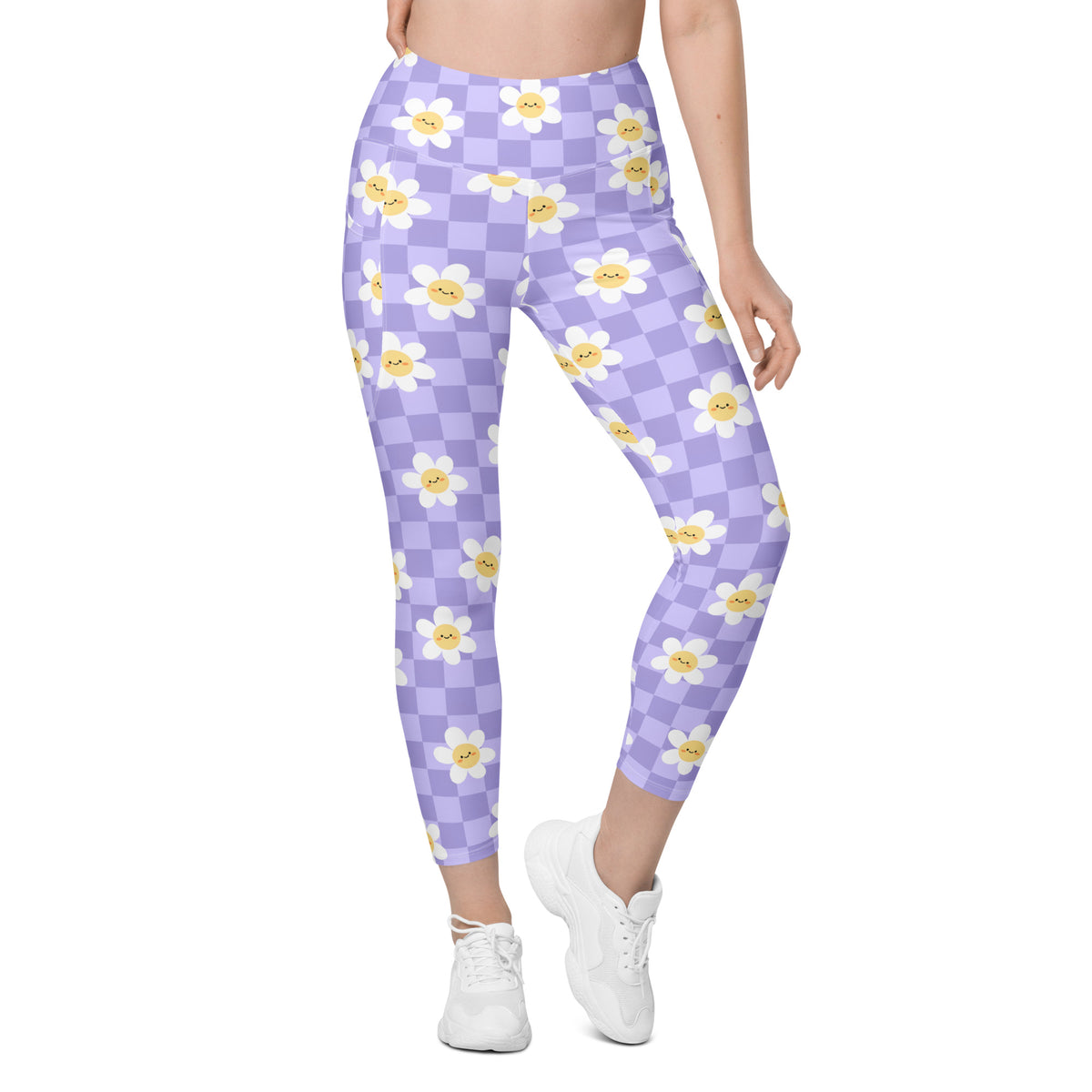 Women’s Purple Daisy Checkered Yoga Leggings With Pockets – High-Waisted, Soft Compression Active Pants