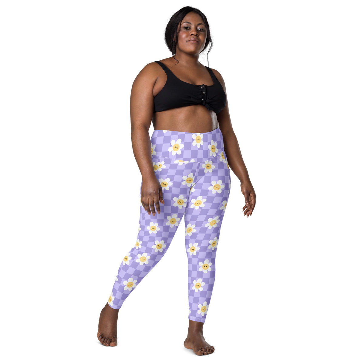 Women’s Purple Daisy Checkered Yoga Leggings With Pockets – High-Waisted, Soft Compression Active Pants