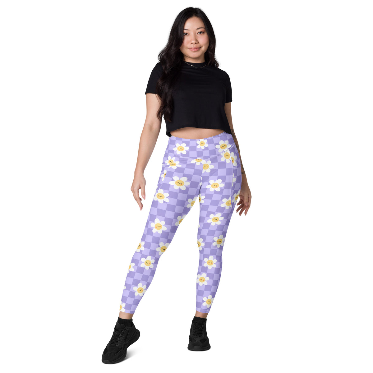 Women’s Purple Daisy Checkered Yoga Leggings With Pockets – High-Waisted, Soft Compression Active Pants