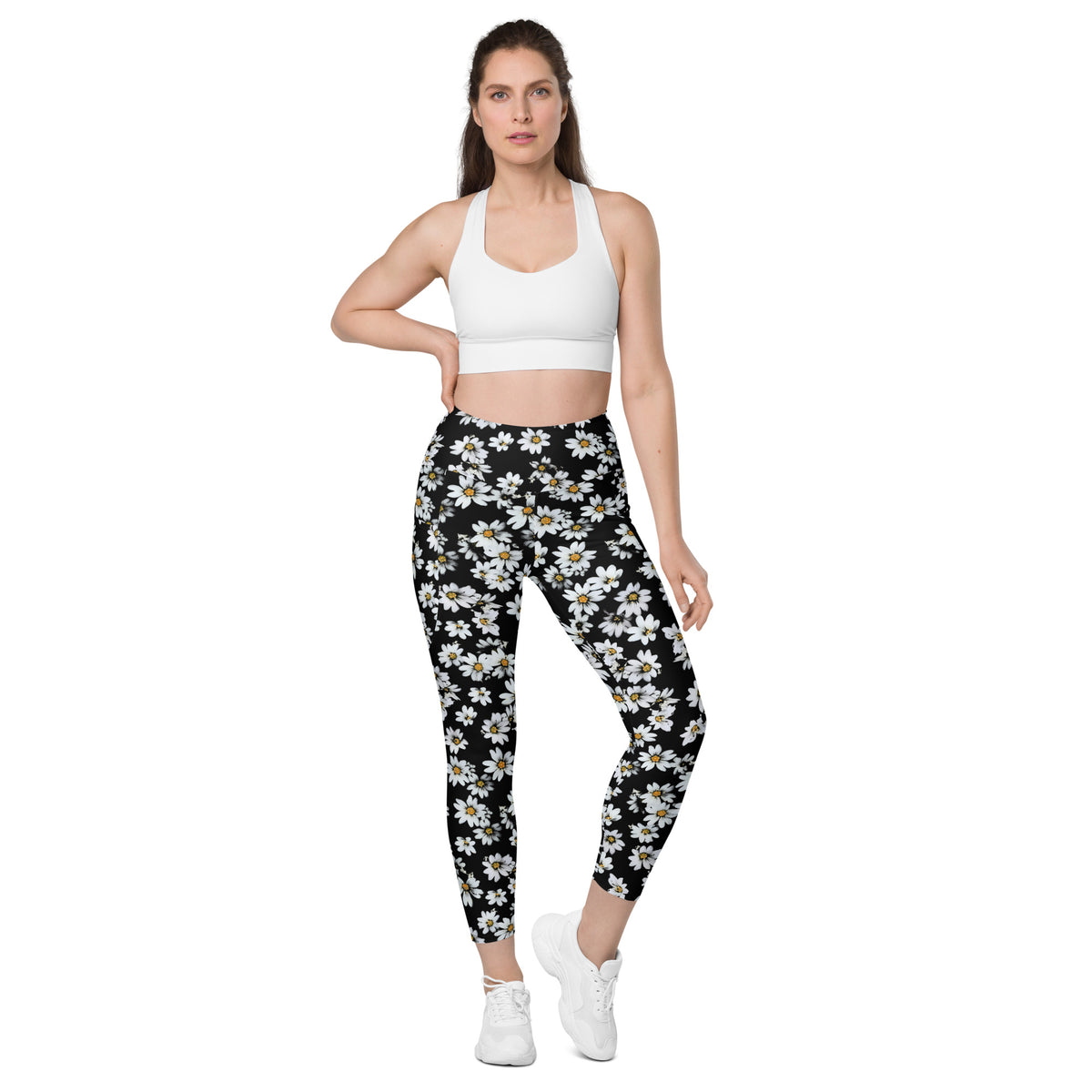 Women’s Black Daisy Yoga Leggings With Pockets – High-Waisted, Soft Compression Active Pants