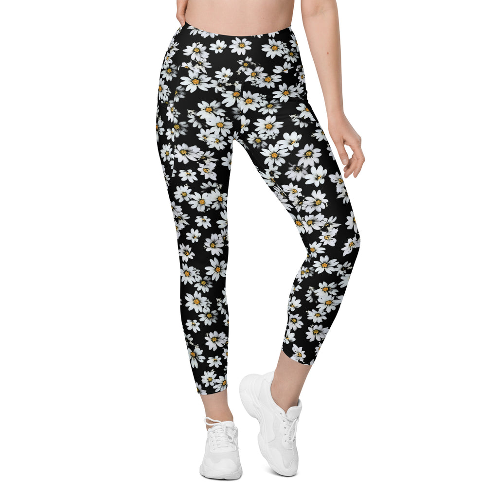 Women’s Black Daisy Yoga Leggings With Pockets – High-Waisted, Soft Compression Active Pants