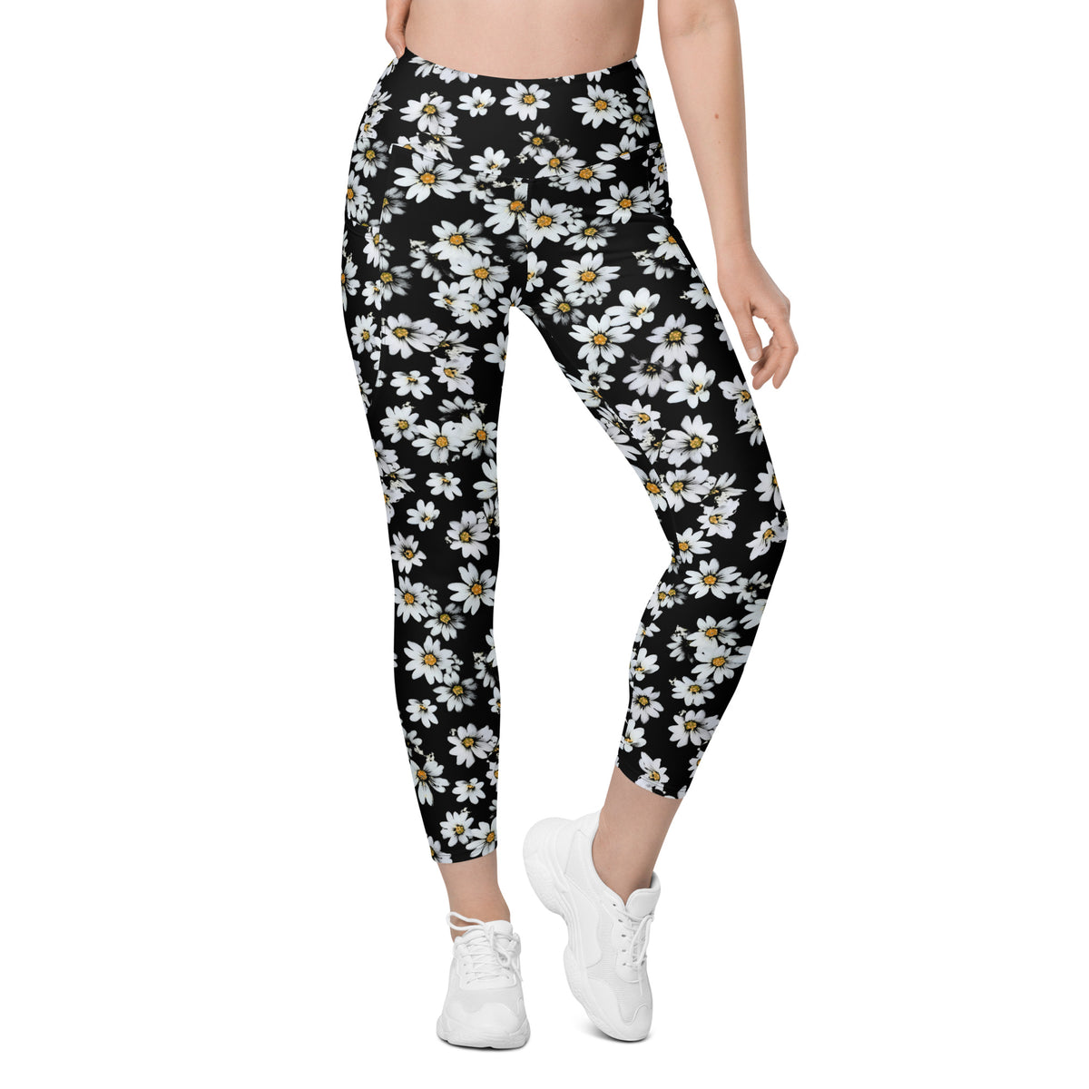 Women’s Black Daisy Yoga Leggings With Pockets – High-Waisted, Soft Compression Active Pants