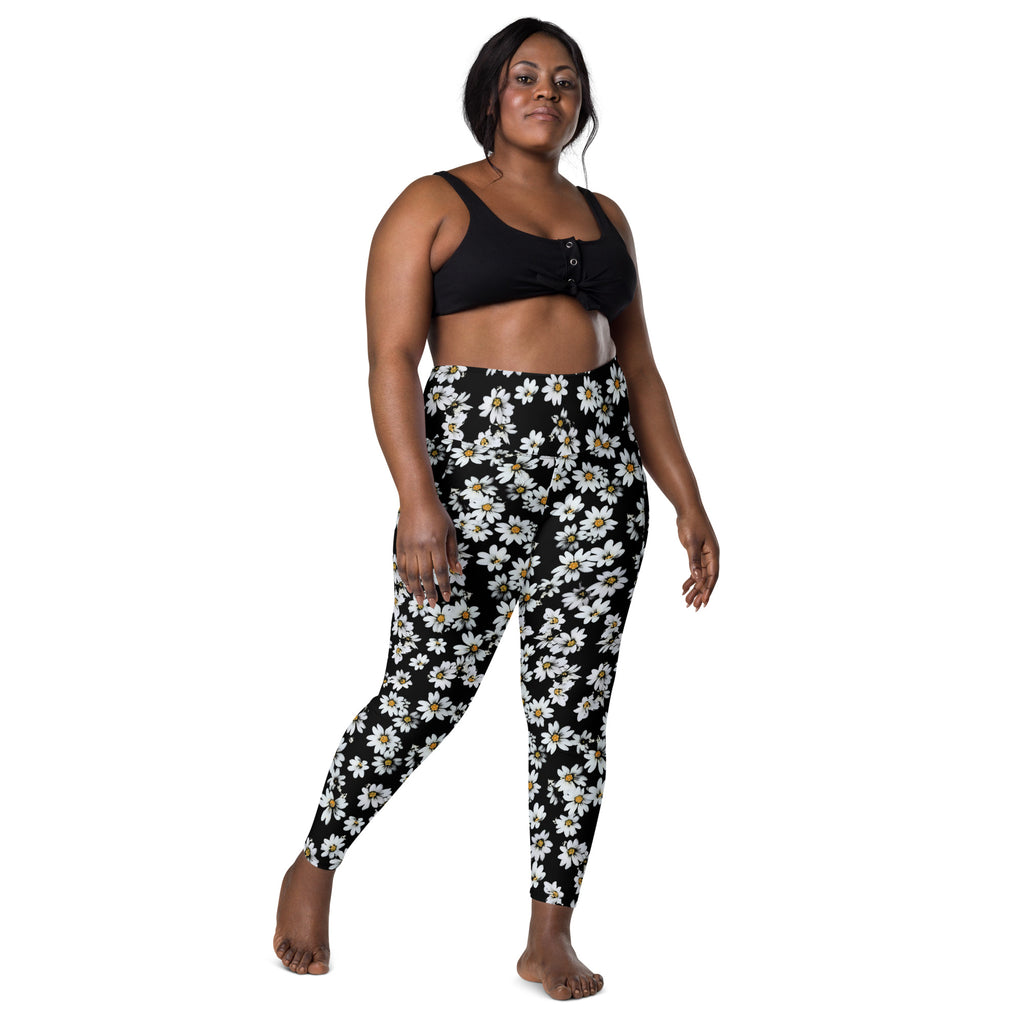 Women’s Black Daisy Yoga Leggings With Pockets – High-Waisted, Soft Compression Active Pants